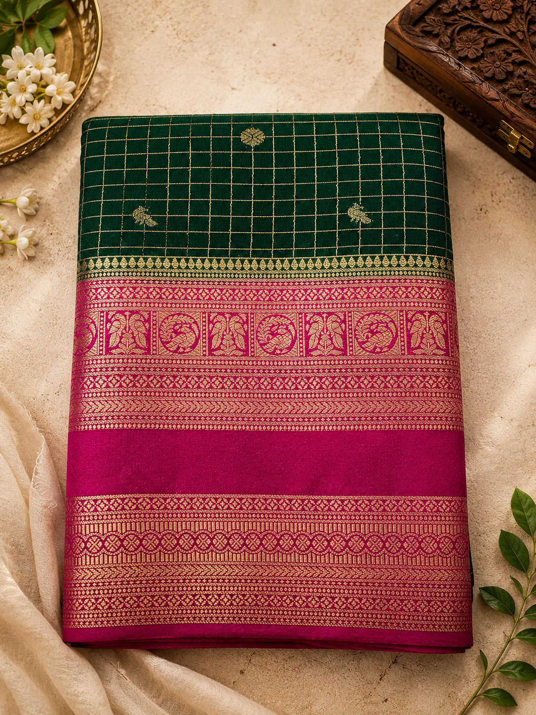 Dark Green with Pink Checks Semi Mysore Silk Saree