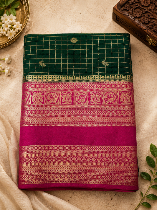 Dark Green with Pink Checks Semi Mysore Silk Saree