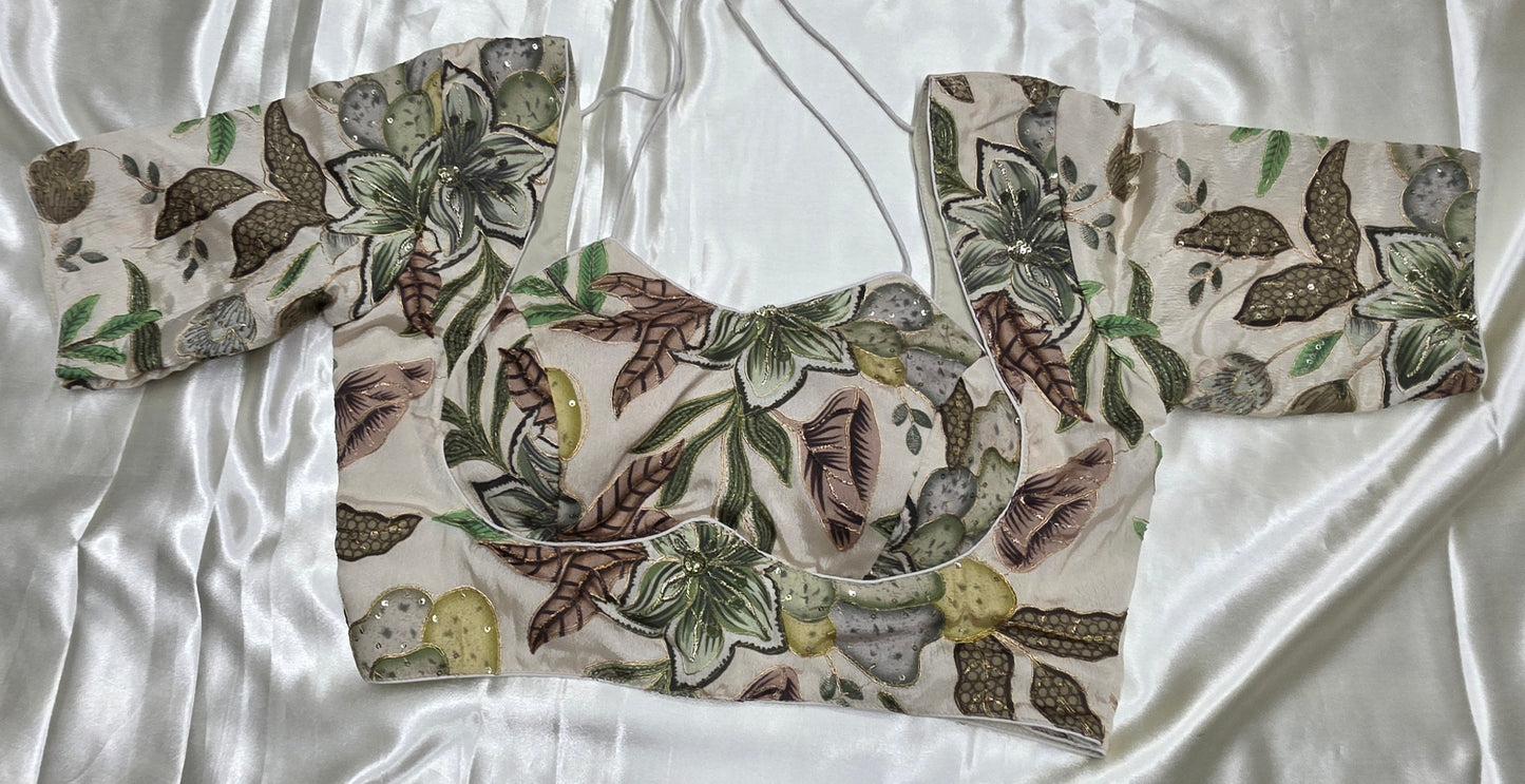 Cream with Green prints Crepe Silk print Blouse