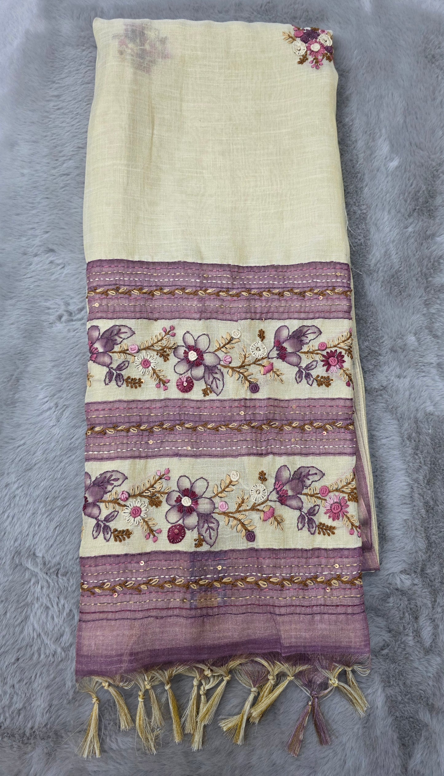 Soft Lenin Tussar Handwoven with Embroidery Saree